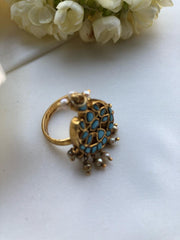 Turquoise chand design with pearls bunch (adjustable ring)-Finger Ring-PL-House of Taamara