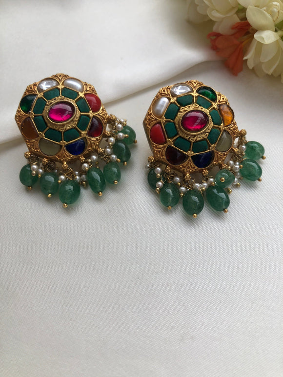 Turquoise earrings with navratan and green beads-Earrings-PL-House of Taamara