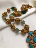Turquoise kundan & antique beads necklace with green pumkin beads-Silver Neckpiece-PL-House of Taamara