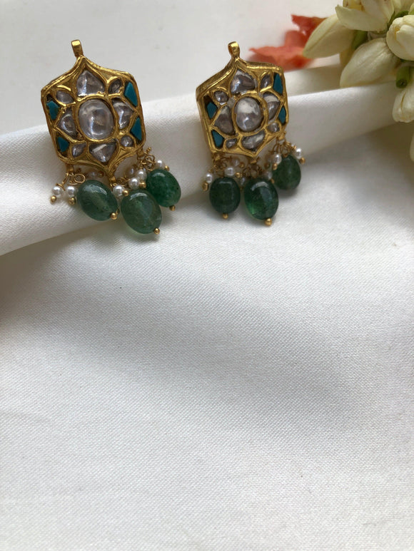Turquoise kundan earrings with Green beads-Earrings-PL-House of Taamara