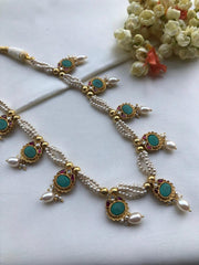 Turquoise kundan necklace with earrings, SET-Silver Neckpiece-PL-House of Taamara