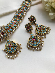 Turquoise kundan necklace with ruby & pearls bunch, SET-Silver Neckpiece-PL-House of Taamara