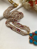 Turquoise ruby and antique style pearls with pink and gold beads-Silver Neckpiece-PL-House of Taamara
