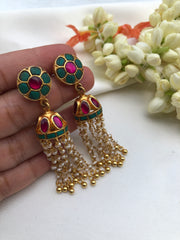 Turquoise ruby kundan jhumkas with Pearls long and beads-Earrings-PL-House of Taamara