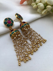 Turquoise ruby kundan jhumkas with Pearls long and beads-Earrings-PL-House of Taamara