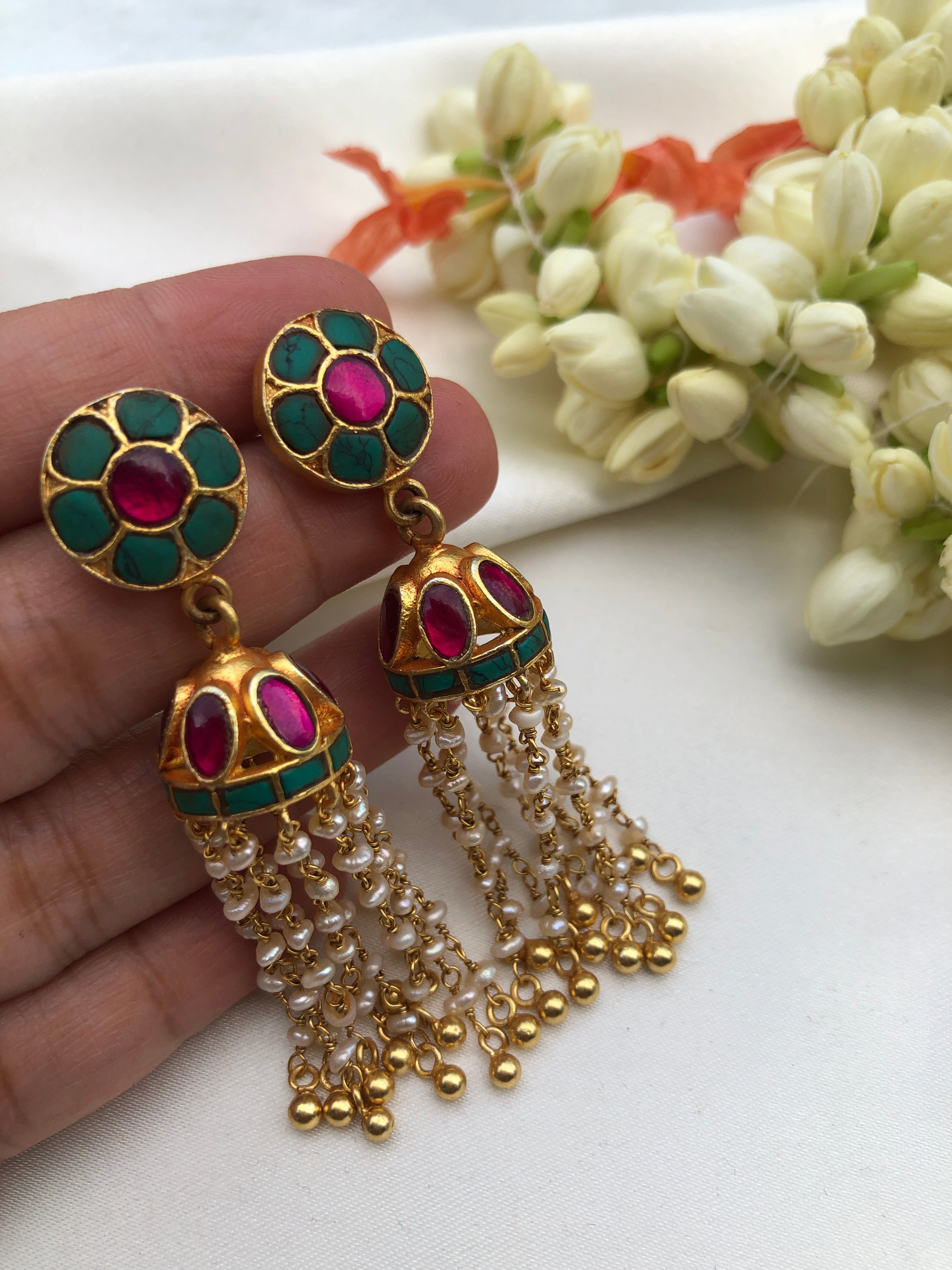 Turquoise ruby kundan jhumkas with Pearls long and beads-Earrings-PL-House of Taamara