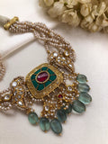 Turquoise & ruby kundan necklace with antique style pearls-Silver Neckpiece-PL-House of Taamara