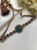 Turquoise & ruby kundan with pearls antique pearls choker (MADE TO ORDER)-Silver Neckpiece-PL-House of Taamara