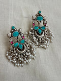 Turquoise & white kundan stone earrings with pearls-Earrings-CI-House of Taamara
