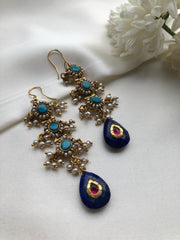 Turquoise with Lapis and kundan inlay work earrings-Earrings-PL-House of Taamara