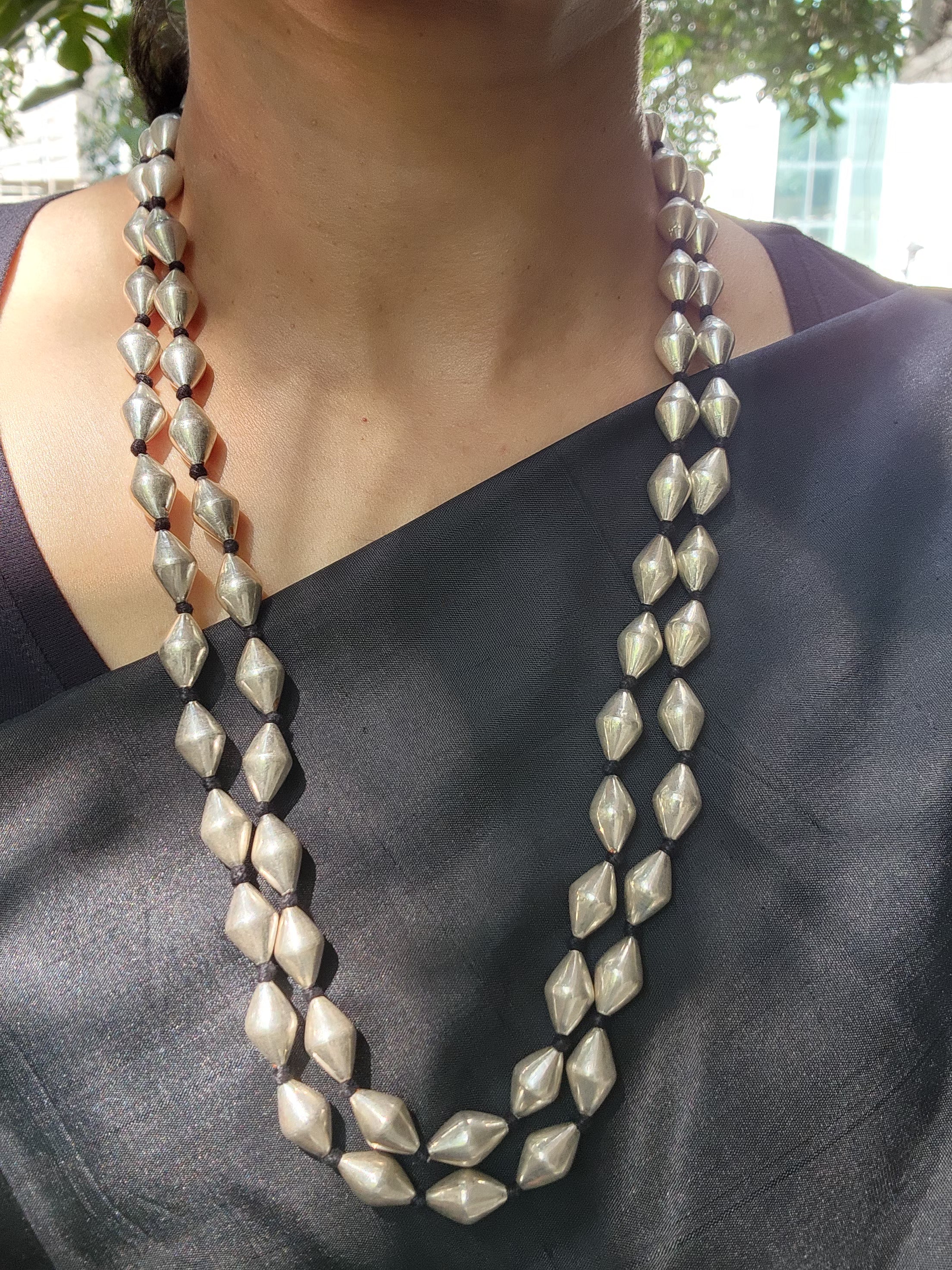 Two line dholki beads necklace-Silver Neckpiece-CI-House of Taamara