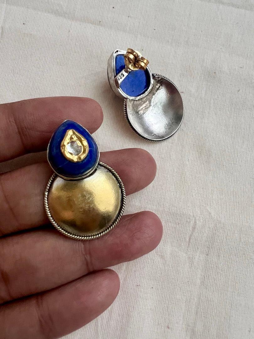 Two tone blue lapiz kundan inlay earrings-Earrings-CI-House of Taamara
