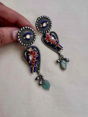 Two tone hangings with kundan bird-Earrings-CI-House of Taamara