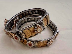 Two tone kundan motif bangles, PAIR-Silver Bracelet-CI-House of Taamara