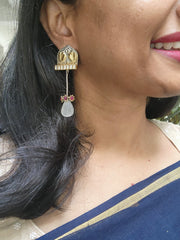 Two tone long kundan hangings with white quartz beads-Earrings-CI-House of Taamara