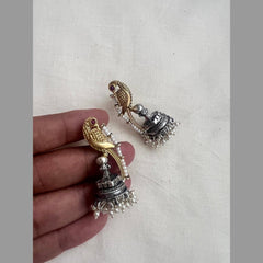 Two tone peacock jhumkas with pearls-Earrings-CI-House of Taamara