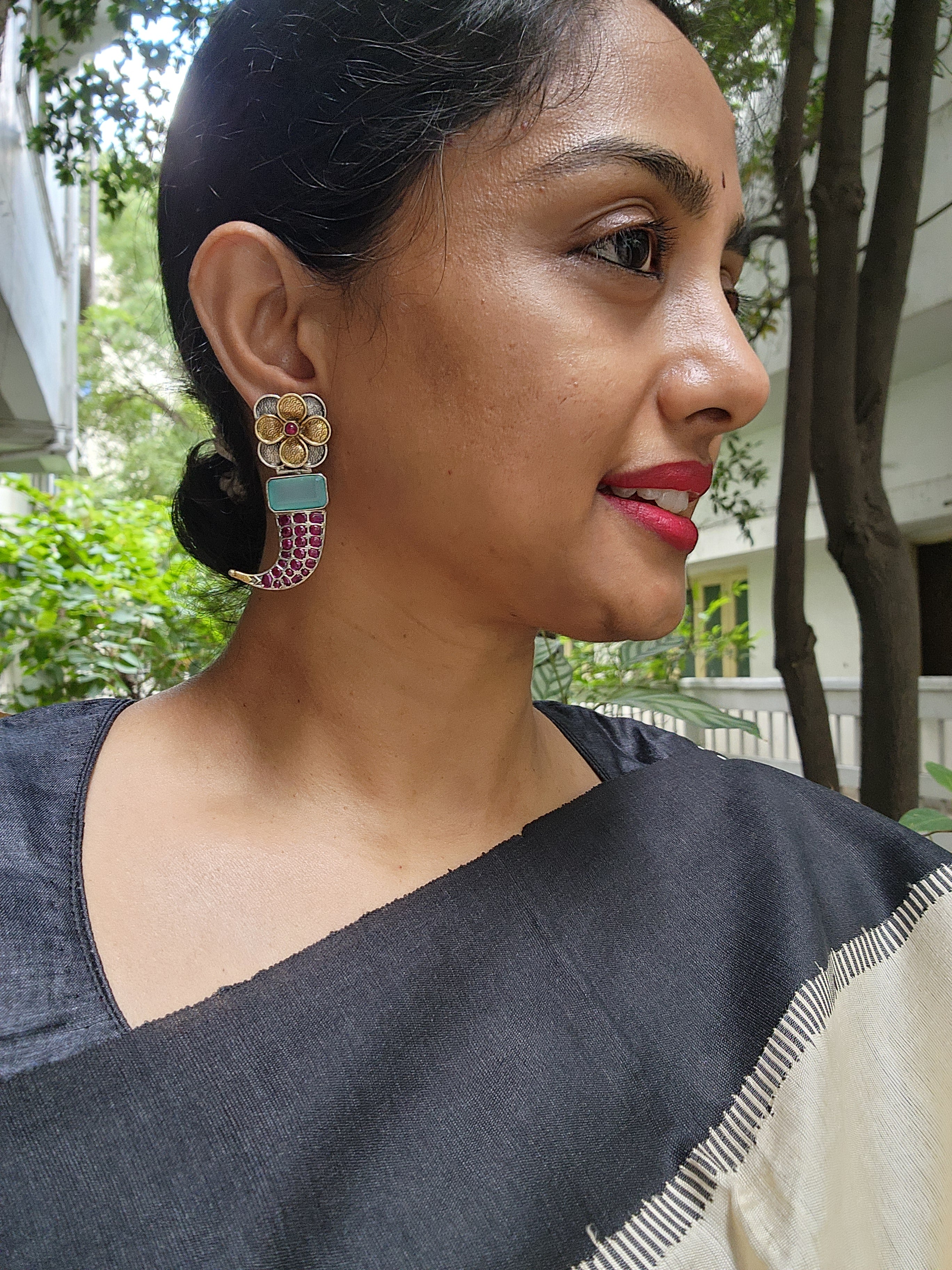 Two tone pink kemp flower earrings and calcedony stone-Earrings-CI-House of Taamara