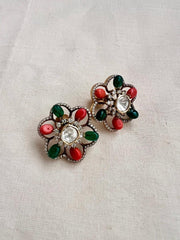 Victorian moissanite studs with corals, green onyx & CZ stones-Earrings-CI-House of Taamara