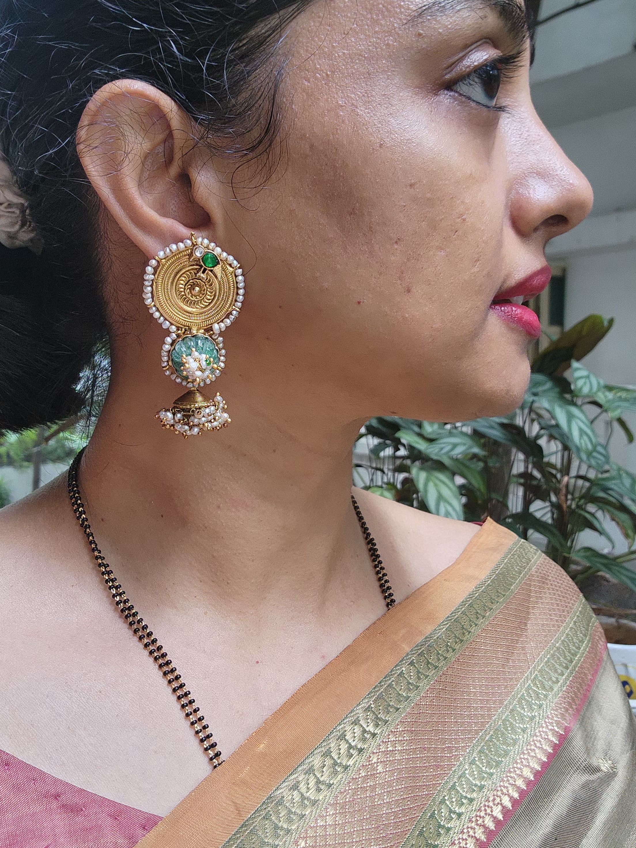 Vintage style eaarings with green kundan-Earrings-PL-House of Taamara