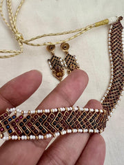 Vintage style gold polish kemp pink and blue choker with pearls, SET-Silver Neckpiece-CI-House of Taamara