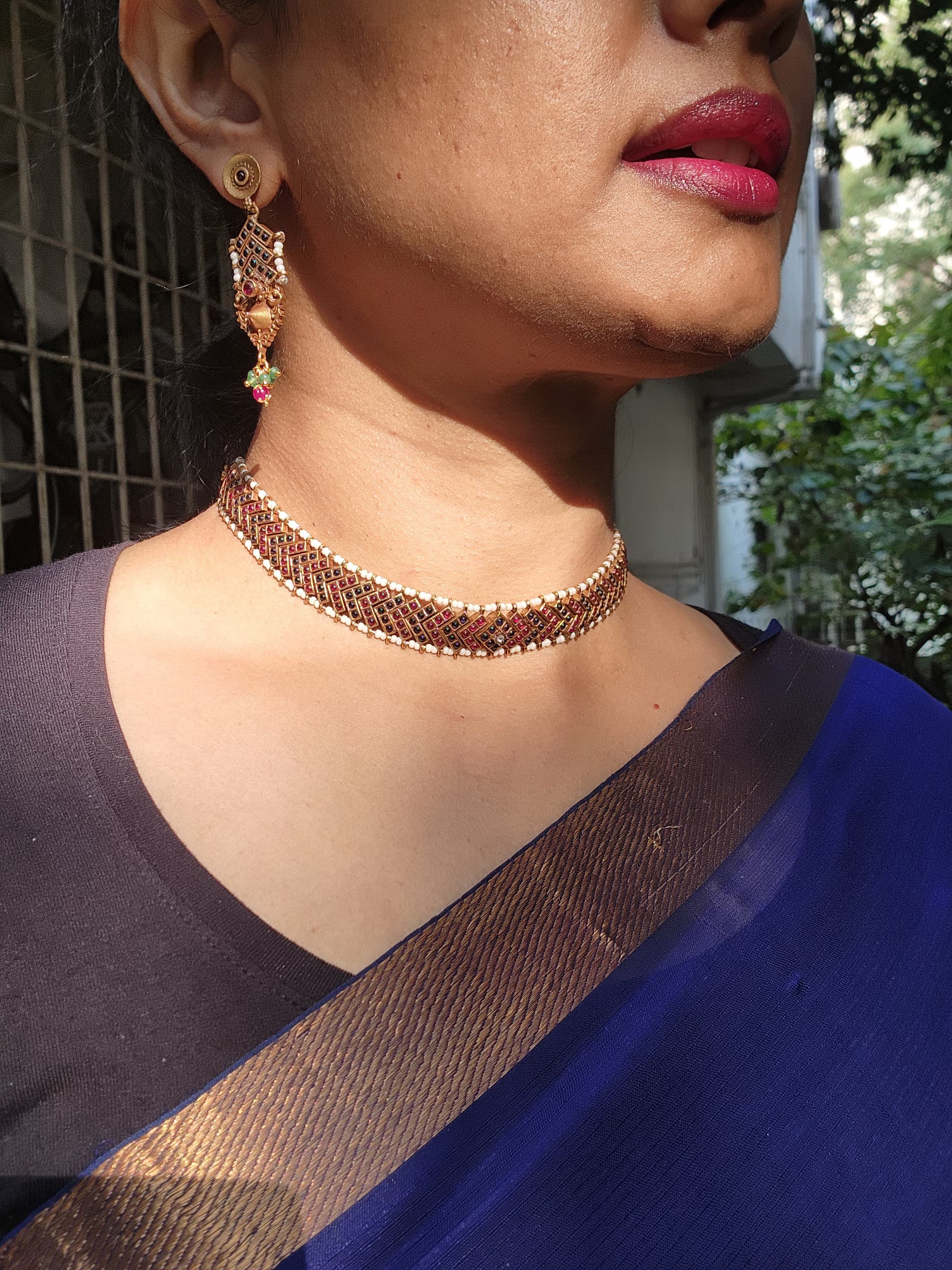 Vintage style gold polish kemp pink and blue choker with pearls, SET-Silver Neckpiece-CI-House of Taamara