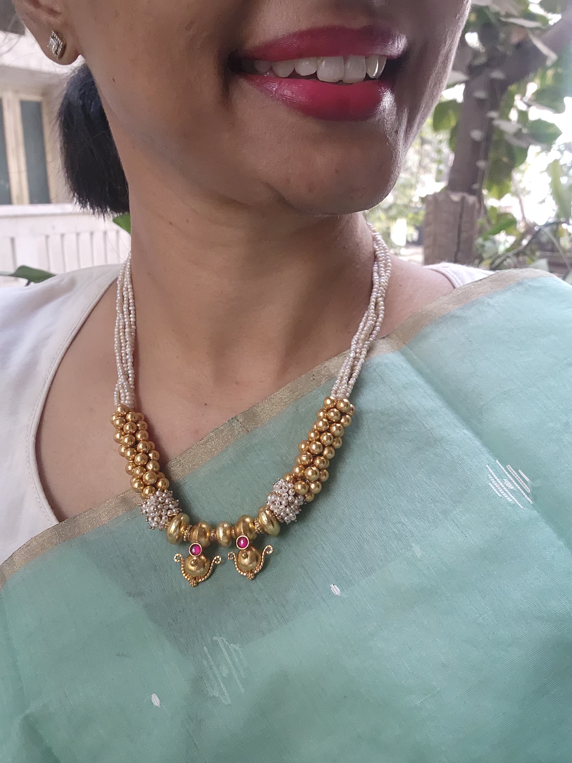 Vintage style gundus with ruby and pearls-Silver Neckpiece-PL-House of Taamara