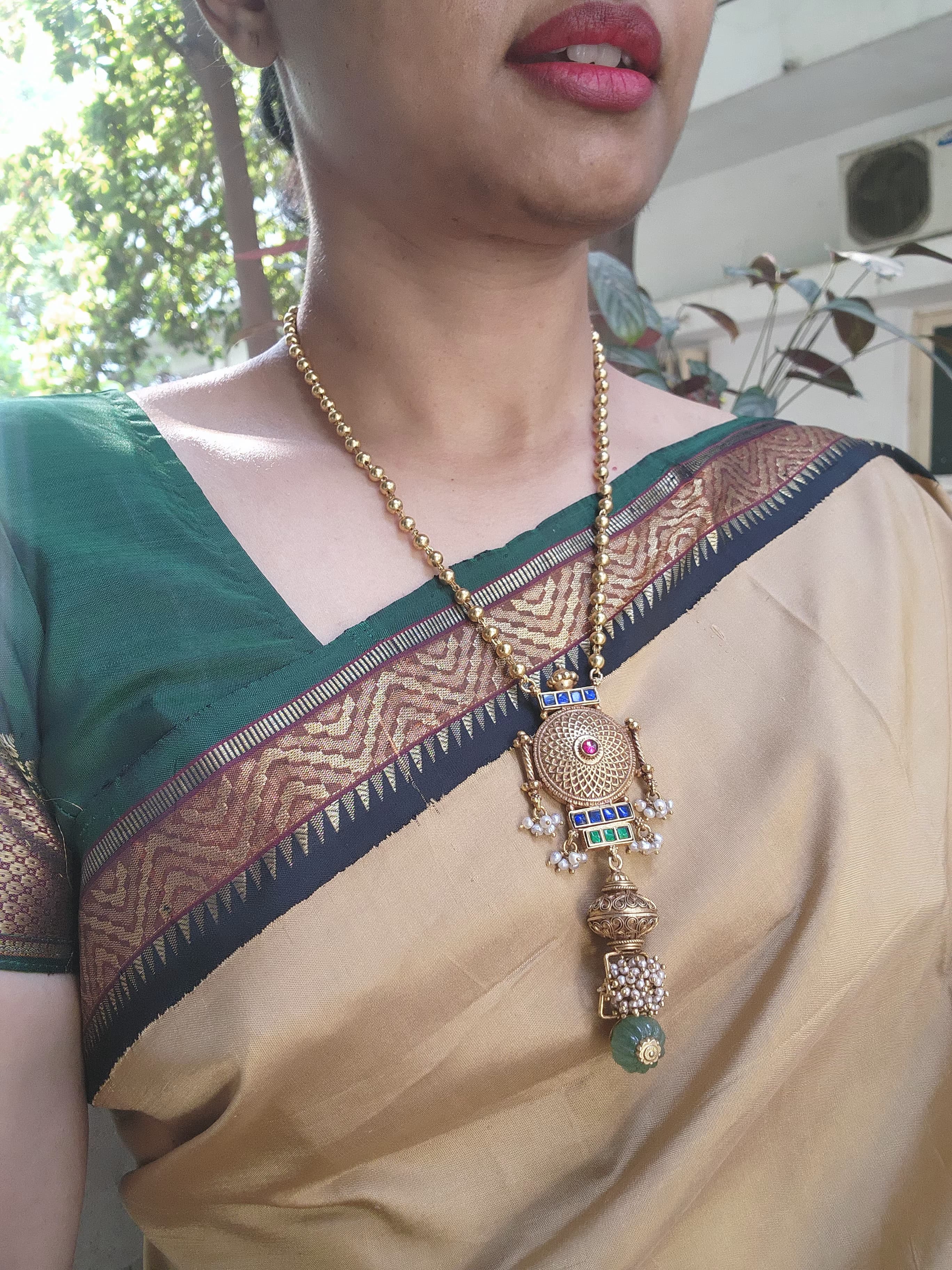 Vintage style kundan & antique bead long pendant with mohan mala-Silver Neckpiece-PL-House of Taamara