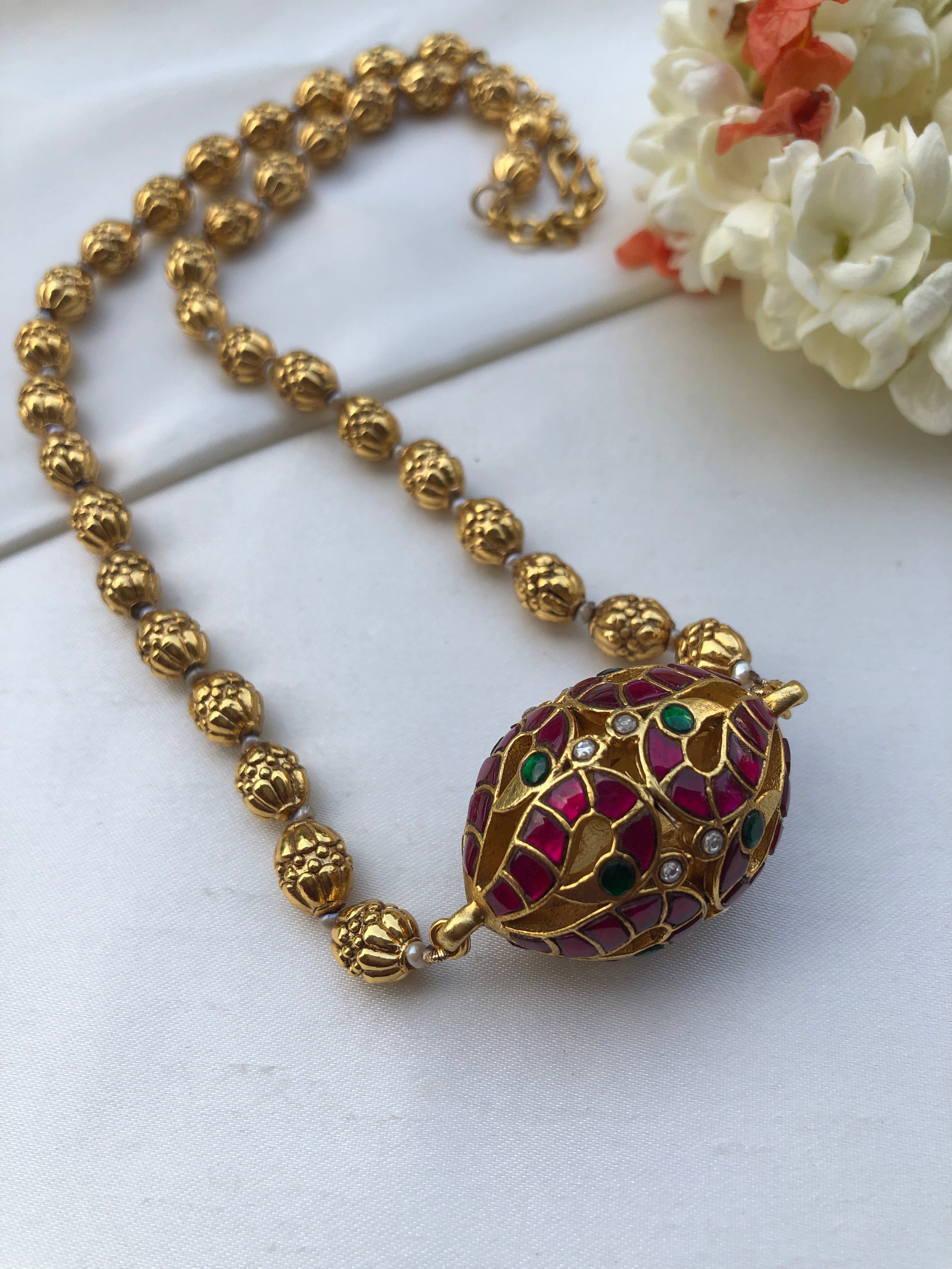 Vintage style ruby & green Dholki pendant with beads mala-Silver Neckpiece-PL-House of Taamara