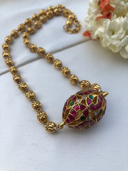 Vintage style ruby & green Dholki pendant with beads mala-Silver Neckpiece-PL-House of Taamara