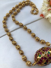 Vintage style ruby & green Dholki pendant with beads mala-Silver Neckpiece-PL-House of Taamara