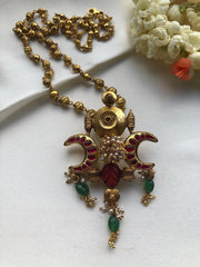 Vintage style ruby kundan chand pendant with gundu beads chain-Silver Neckpiece-pl-House of Taamara