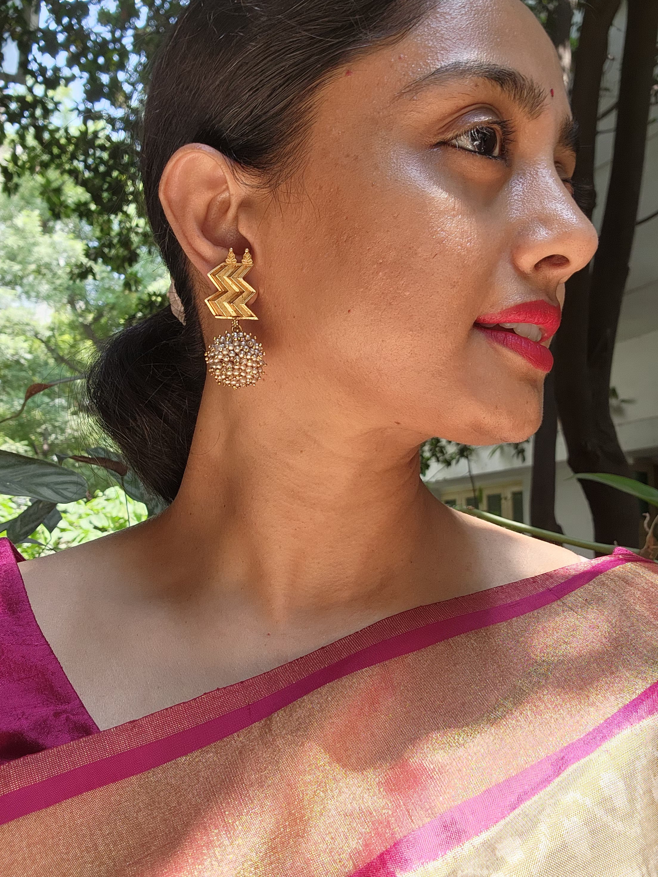 W with pearl bunch earrings-Earrings-PL-House of Taamara