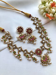 White round kundan hangings maatapatti with earrings , SET-Silver Neckpiece-PL-House of Taamara
