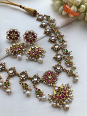 White round kundan hangings maatapatti with earrings , SET-Silver Neckpiece-PL-House of Taamara