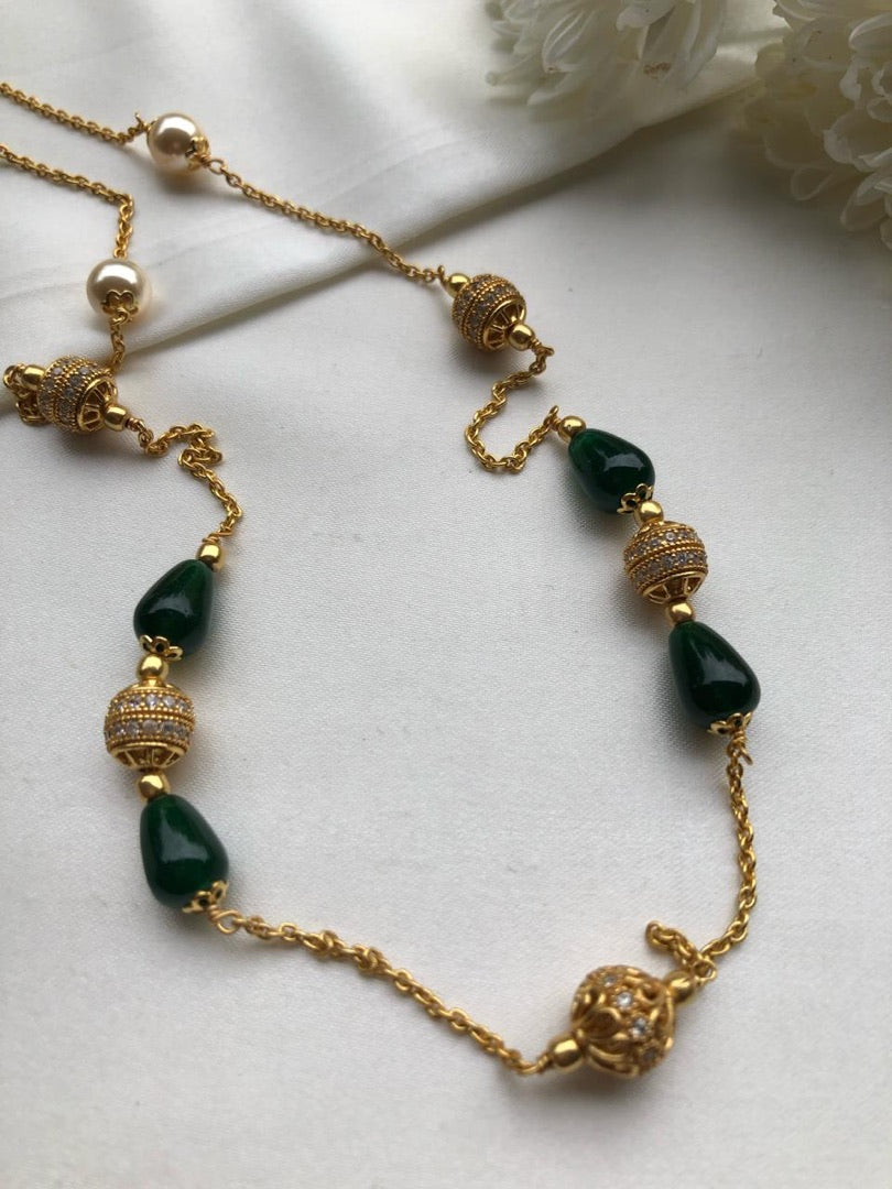 Zircon beads & green beads with pearls chain-Silver Neckpiece-PL-House of Taamara