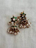 Antique gold polish kundan & emerald jhumkas with pearls (MADE TO ORDER)-Earrings-CI-House of Taamara
