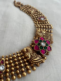 Antique gold polish kundan, ruby & emerald flower necklace-Silver Neckpiece-CI-House of Taamara