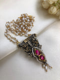 Dual tone polish pendant with ruby kundan & rice pearls chain-Silver Neckpiece-PL-House of Taamara