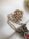 Dual tone polish pendant with ruby kundan & rice pearls chain-Silver Neckpiece-PL-House of Taamara