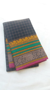 Kanchi Cotton Saree (Black Body)-Saree-House of Taamara-House of Taamara