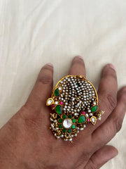 Kundan, ruby & emerald adjustable ring with antique pearls-Finger Ring-CI-House of Taamara