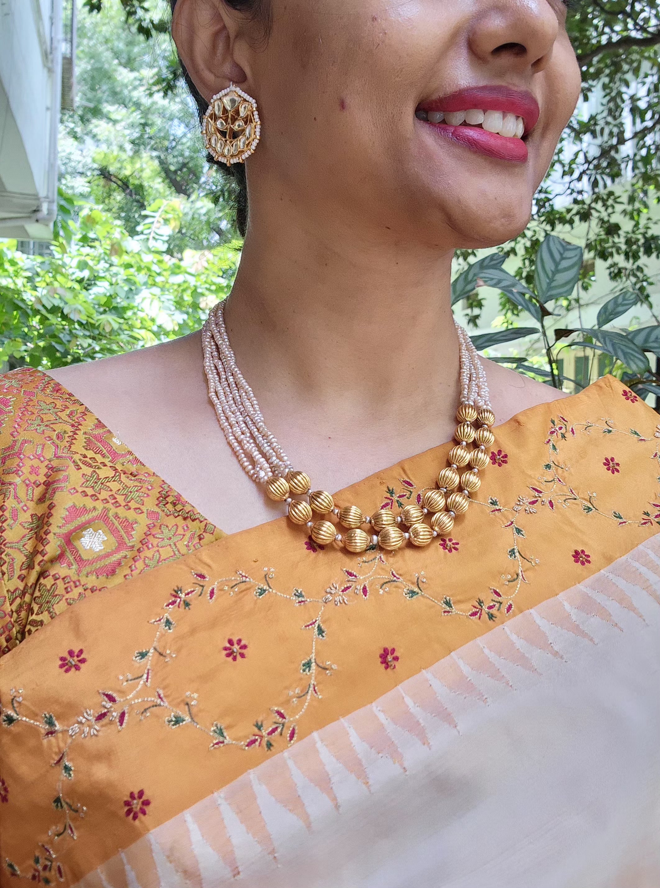 2 line Antique style pearls with beads mala-Silver Neckpiece-PL-House of Taamara