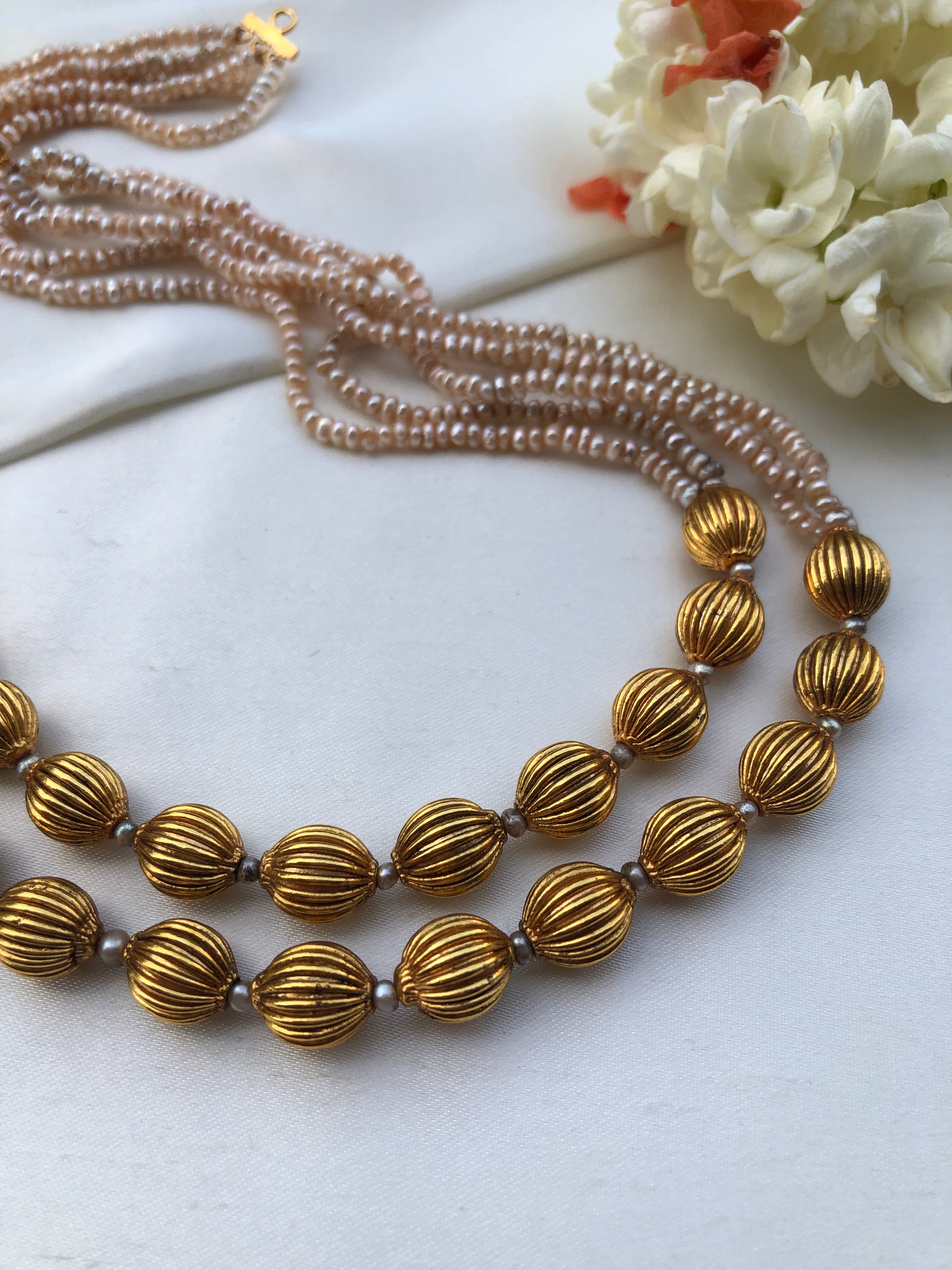 2 line Antique style pearls with beads mala-Silver Neckpiece-PL-House of Taamara