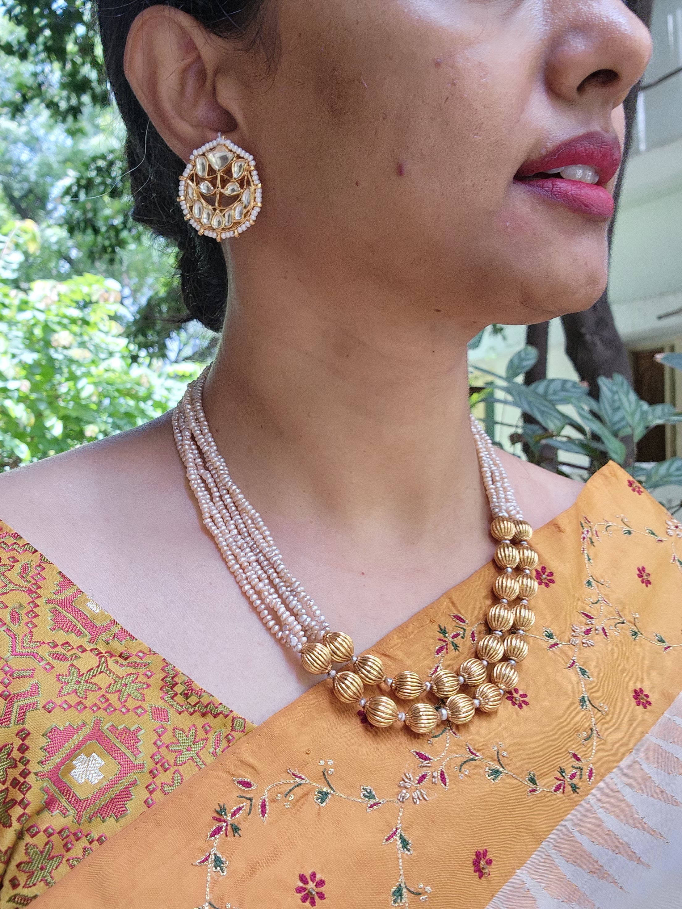 2 line Antique style pearls with beads mala-Silver Neckpiece-PL-House of Taamara
