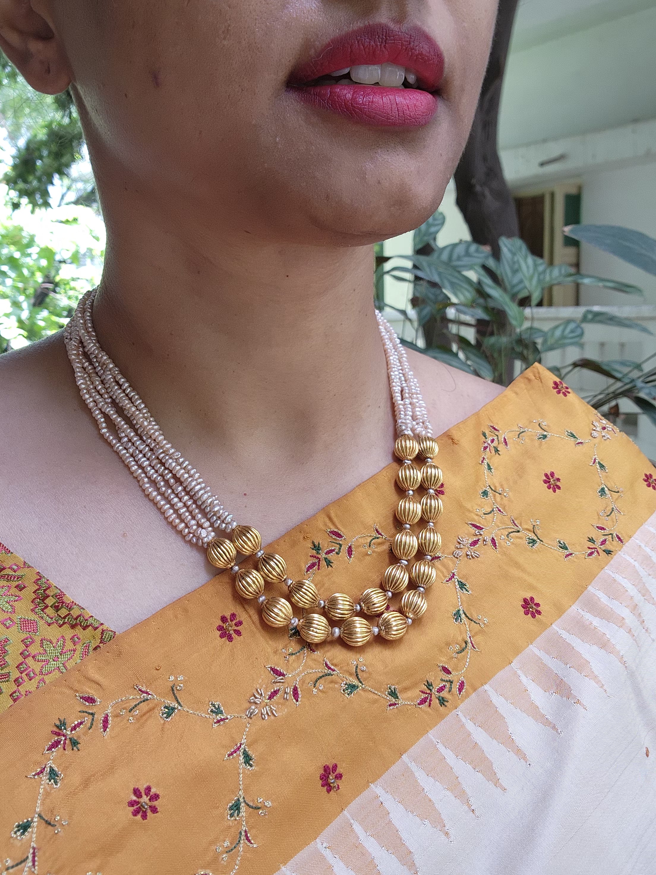 2 line Antique style pearls with beads mala-Silver Neckpiece-PL-House of Taamara