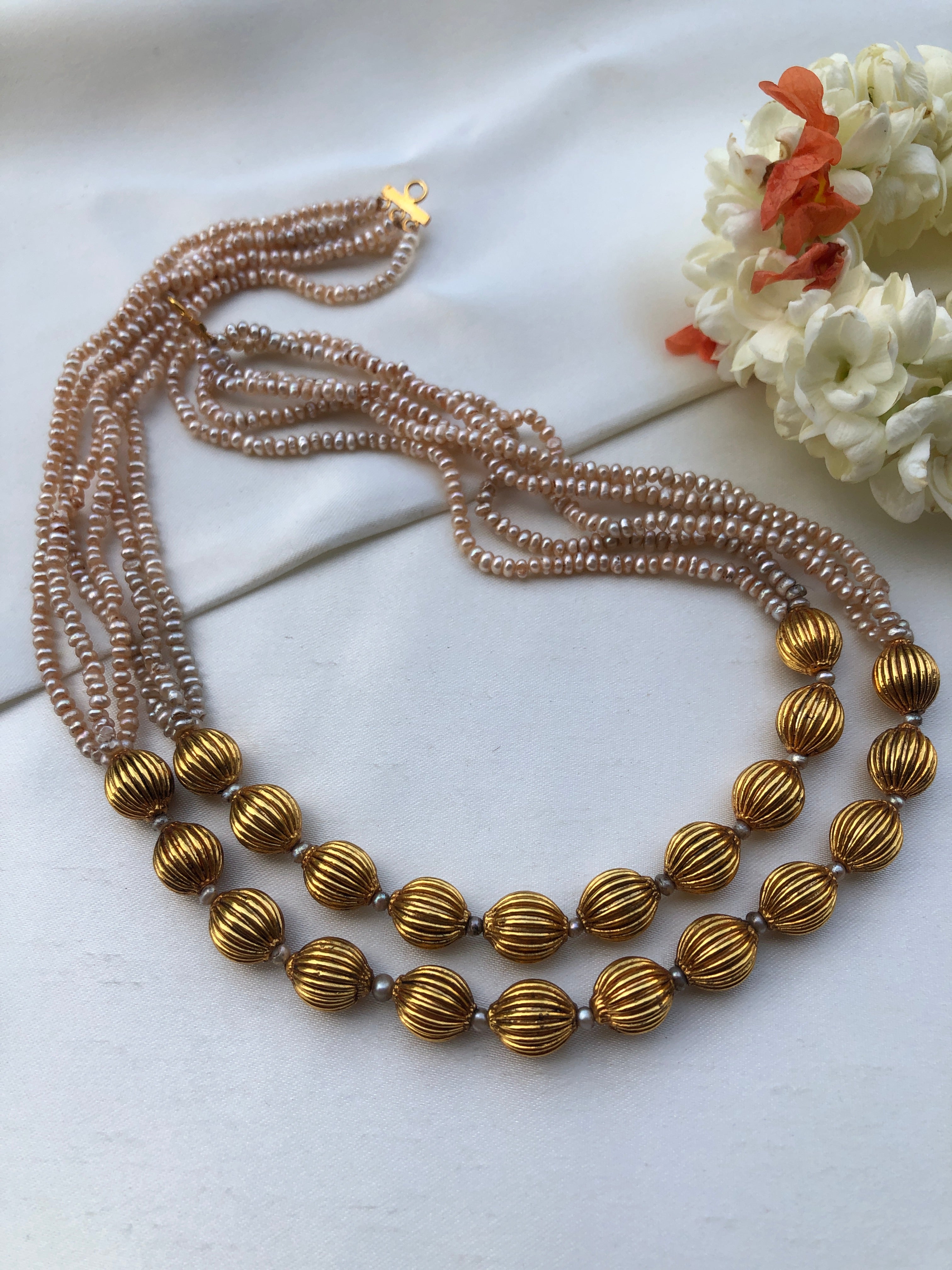 2 line Antique style pearls with beads mala-Silver Neckpiece-PL-House of Taamara