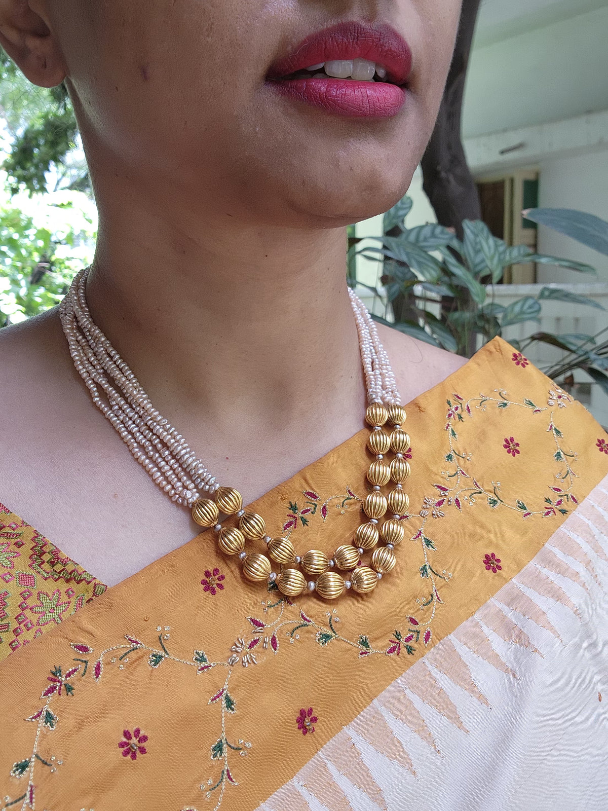2 line Antique style pearls with beads mala-Silver Neckpiece-PL-House of Taamara