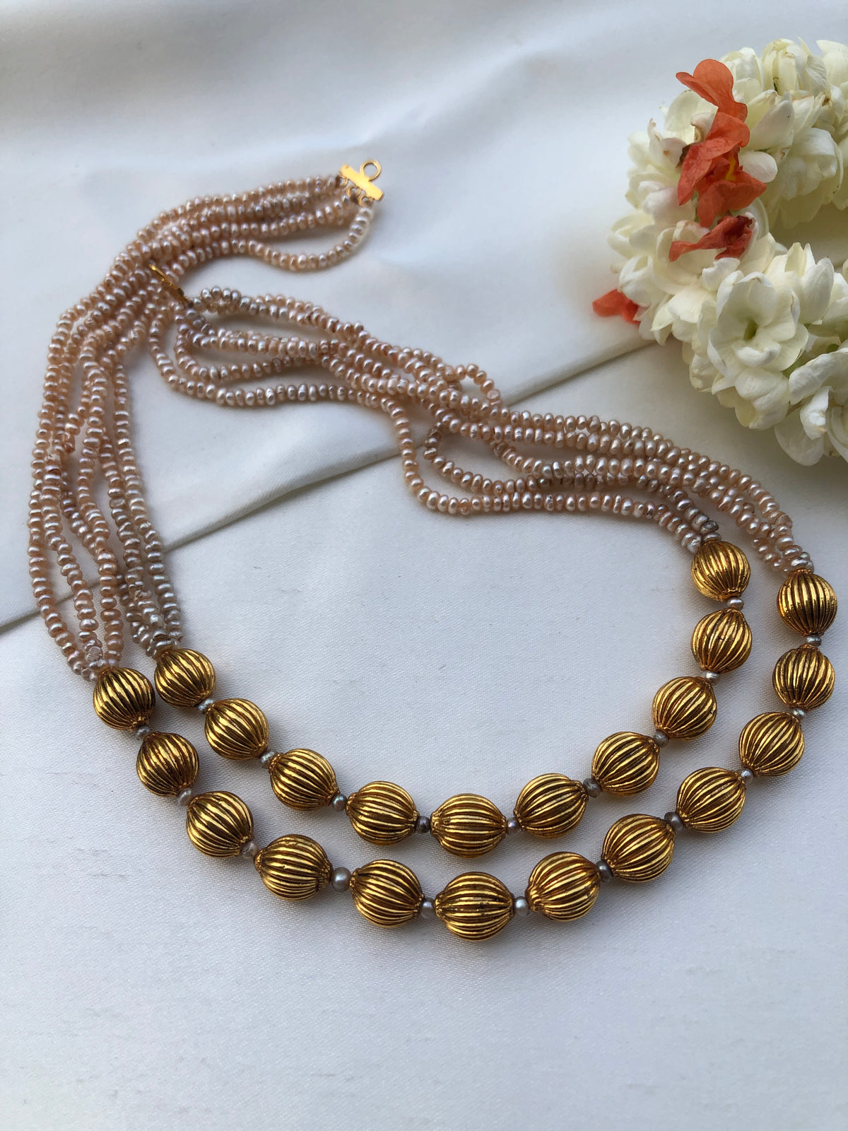 2 line Antique style pearls with beads mala-Silver Neckpiece-PL-House of Taamara