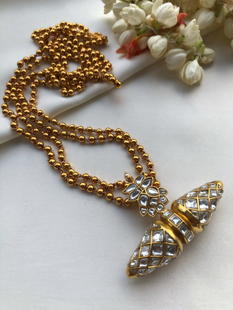 2 line detachable Tai Tai kundan pendant with Gold polish mohan mala-Silver Neckpiece-PL-House of Taamara