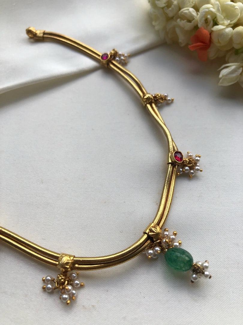 2 line gold polish chain with ruby spinel and pearls bunch-Silver Neckpiece-pl-House of Taamara